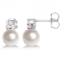 Freshwater Cultured Pearl & Diamond Stud Earrings 14K W. Gold (7-7.5mm)