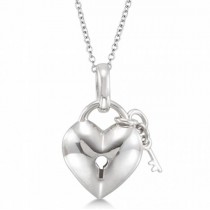 Puffed Heart Lock and Key Diamond Necklace in Sterling Silver (0.05ct)