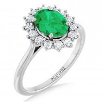 Oval Lab Grown Emerald & Diamond Halo Ring 14K White Gold (1.56ct)