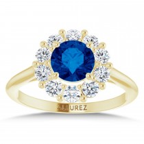Round Blue Sapphire & Diamond Halo Ring 14K Yellow Gold (1.49ct)