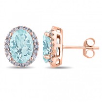 Oval Lab Aquamarine & Halo Lab Grown Diamond Stud Earrings 14k Rose Gold 3.92ct