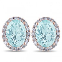 Oval Lab Aquamarine & Halo Lab Grown Diamond Stud Earrings 14k Rose Gold 3.92ct