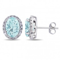Oval Lab Aquamarine & Halo Lab Grown Diamond Stud Earrings 14k White Gold 3.92ct