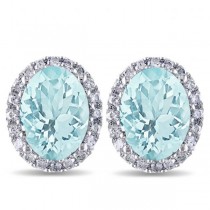 Oval Lab Aquamarine & Halo Lab Grown Diamond Stud Earrings 14k White Gold 3.92ct