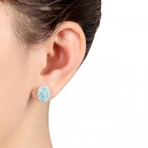 Oval Lab Aquamarine & Halo Lab Grown Diamond Stud Earrings 14k White Gold 3.92ct
