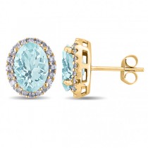 Oval Lab Aquamarine & Halo Lab Grown Diamond Stud Earrings 14k Yellow Gold 3.92ct