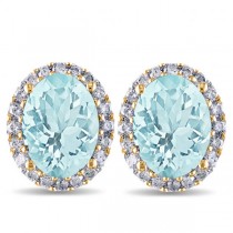 Oval Lab Aquamarine & Halo Lab Grown Diamond Stud Earrings 14k Yellow Gold 3.92ct