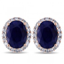Oval Lab Blue Sapphire & Halo Lab Grown Diamond Stud Earrings 14k Rose Gold 5.70ct