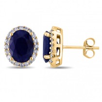 Oval Lab Blue Sapphire & Halo Lab Grown Diamond Stud Earrings 14k Yellow Gold 5.70ct