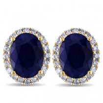 Oval Lab Blue Sapphire & Halo Lab Grown Diamond Stud Earrings 14k Yellow Gold 5.70ct