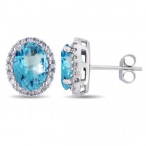 Oval Lab Blue Topaz & Halo Lab Grown Diamond Stud Earrings 14k White Gold 5.40ct