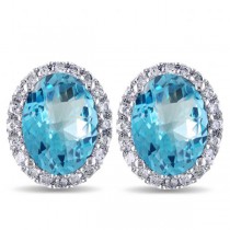 Oval Lab Blue Topaz & Halo Lab Grown Diamond Stud Earrings 14k White Gold 5.40ct