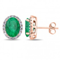 Oval Lab Emerald & Halo Lab Grown Diamond Stud Earrings 14k Rose Gold 4.20ct