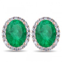 Oval Lab Emerald & Halo Lab Grown Diamond Stud Earrings 14k Rose Gold 4.20ct