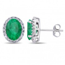 Oval Lab Emerald & Halo Lab Grown Diamond Stud Earrings 14k White Gold 4.20ct