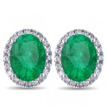 Oval Lab Emerald & Halo Lab Grown Diamond Stud Earrings 14k White Gold 4.20ct