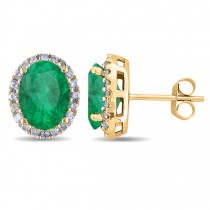 Oval Lab Emerald & Halo Lab Grown Diamond Stud Earrings 14k Yellow Gold 4.20ct