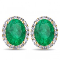 Oval Lab Emerald & Halo Lab Grown Diamond Stud Earrings 14k Yellow Gold 4.20ct