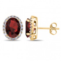 Oval Lab Garnet & Halo Lab Grown Diamond Stud Earrings 14k Yellow Gold 4.60ct