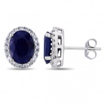 Oval Lab Blue Sapphire & Halo Lab Grown Diamond Stud Earrings 14k W. Gold (5.70ct)