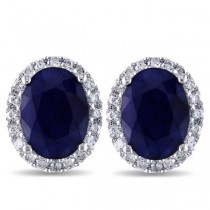 Oval Lab Blue Sapphire & Halo Lab Grown Diamond Stud Earrings 14k W. Gold (5.70ct)