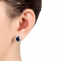Oval Lab Blue Sapphire & Halo Lab Grown Diamond Stud Earrings 14k W. Gold (5.70ct)