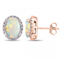 Oval Lab Opal & Halo Lab Grown Diamond Stud Earrings 14k Rose Gold 2.60ct