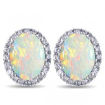 Oval Lab Opal & Halo Lab Grown Diamond Stud Earrings 14k White Gold 2.60ct