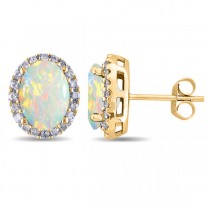 Oval Lab Opal & Halo Lab Grown Diamond Stud Earrings 14k Yellow Gold 2.60ct