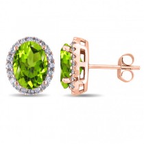 Oval Lab Peridot & Halo Lab Grown Diamond Stud Earrings 14k Rose Gold 4.40ct