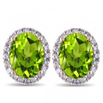 Oval Lab Peridot & Halo Lab Grown Diamond Stud Earrings 14k Rose Gold 4.40ct