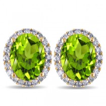 Oval Lab Peridot & Halo Lab Grown Diamond Stud Earrings 14k Yellow Gold 4.40ct