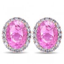 Oval Lab Pink Sapphire & Halo Lab Grown Diamond Stud Earrings 14k Rose Gold 4.80ct