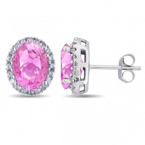 Oval Lab Pink Sapphire & Halo Lab Grown Diamond Stud Earrings 14k White Gold 4.80ct