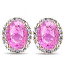 Oval Lab Pink Sapphire & Halo Lab Grown Diamond Stud Earrings 14k Yellow Gold 4.80ct