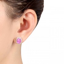 Oval Lab Pink Sapphire & Halo Lab Grown Diamond Stud Earrings 14k Yellow Gold 4.80ct