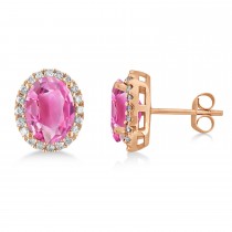 Oval Lab Pink Tourmaline & Halo Lab Grown Diamond Stud Earrings 14k Rose Gold 5.00ct