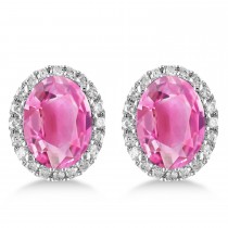 Oval Lab Pink Tourmaline & Halo Lab Grown Diamond Stud Earrings 14k White Gold 5.00ct