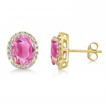 Oval Lab Pink Tourmaline & Halo Lab Grown Diamond Stud Earrings 14k Yellow Gold 5.00ct