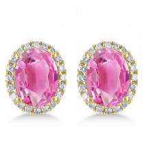 Oval Lab Pink Tourmaline & Halo Lab Grown Diamond Stud Earrings 14k Yellow Gold 5.00ct
