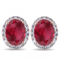 Oval Lab Ruby & Halo Lab Grown Diamond Stud Earrings 14k Rose Gold 4.80ct