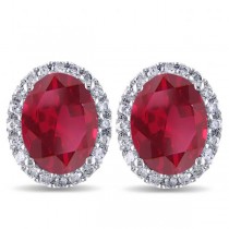 Oval Lab Ruby & Halo Lab Grown Diamond Stud Earrings 14k White Gold 4.80ct