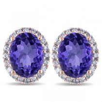 Oval Lab Tanzanite & Halo Lab Grown Diamond Stud Earrings 14k Rose Gold 4.80ct