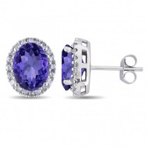 Oval Lab Tanzanite & Halo Lab Grown Diamond Stud Earrings 14k White Gold 4.80ct