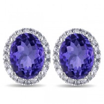 Oval Lab Tanzanite & Halo Lab Grown Diamond Stud Earrings 14k White Gold 4.80ct