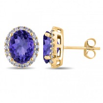 Oval Lab Tanzanite & Halo Lab Grown Diamond Stud Earrings 14k Yellow Gold 4.80ct