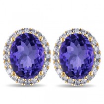 Oval Lab Tanzanite & Halo Lab Grown Diamond Stud Earrings 14k Yellow Gold 4.80ct