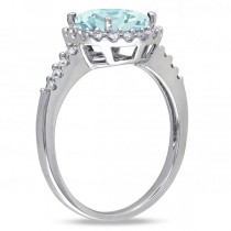 Oval Lab Aquamarine & Halo Lab Grown Diamond Engagement Ring 14k White Gold 2.67ct