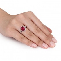 Oval Lab Ruby & Halo Lab Grown Diamond Engagement Ring 14k White Gold 3.57ct