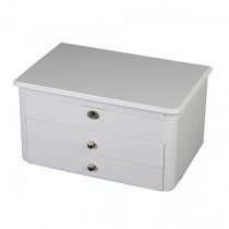 Locking Wooden Jewelry Box in White w/ Auto Tray, Ring Roll, Drawers
